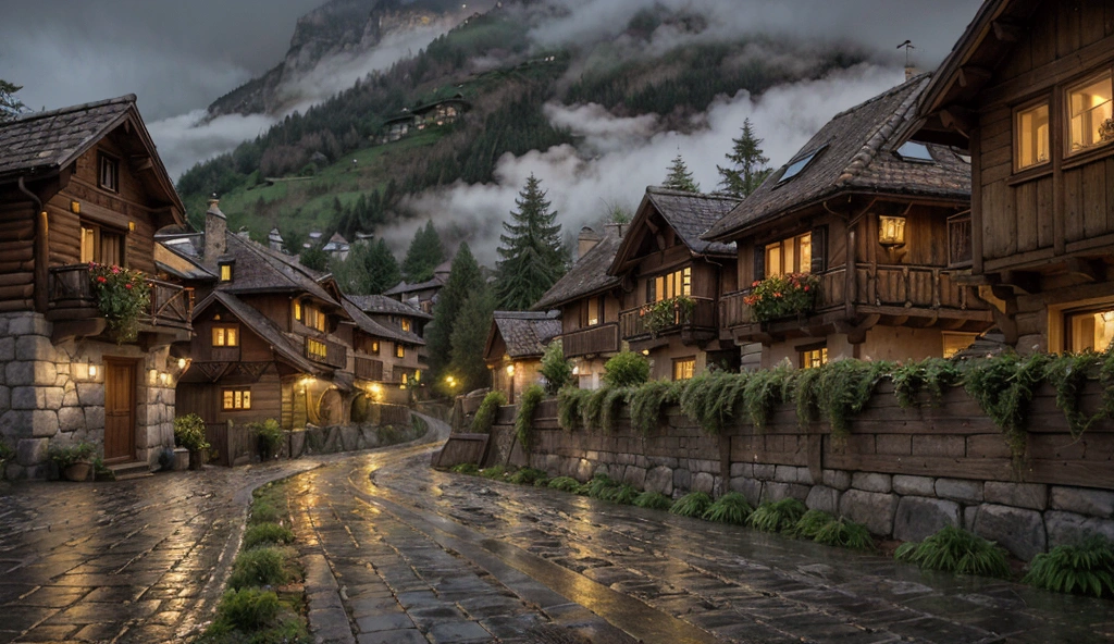 A serene Swiss village at night under a gentle rain. The narrow cobblestone streets glisten as they reflect the soft glow of warm yellow lights from rustic wooden chalets. The houses, adorned with sloping roofs and flower boxes, are dimly lit, creating a cozy, inviting atmosphere. In the background, dark silhouettes of towering alpine mountains loom, partially obscured by mist and low-hanging clouds. The rain softly patters against the roofs and ground, creating a soothing ambiance, while a few raindrops cling to the pine trees that line the streets. The scene is peaceful, with only the quiet sound of raindrops and the occasional rustling of leaves in the gentle breeze.
