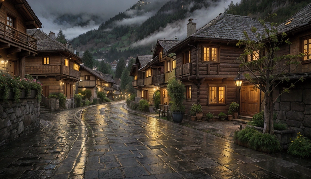 A serene Swiss village at night under a gentle rain. The narrow cobblestone streets glisten as they reflect the soft glow of warm yellow lights from rustic wooden chalets. The houses, adorned with sloping roofs and flower boxes, are dimly lit, creating a cozy, inviting atmosphere. In the background, dark silhouettes of towering alpine mountains loom, partially obscured by mist and low-hanging clouds. The rain softly patters against the roofs and ground, creating a soothing ambiance, while a few raindrops cling to the pine trees that line the streets. The scene is peaceful, with only the quiet sound of raindrops and the occasional rustling of leaves in the gentle breeze.