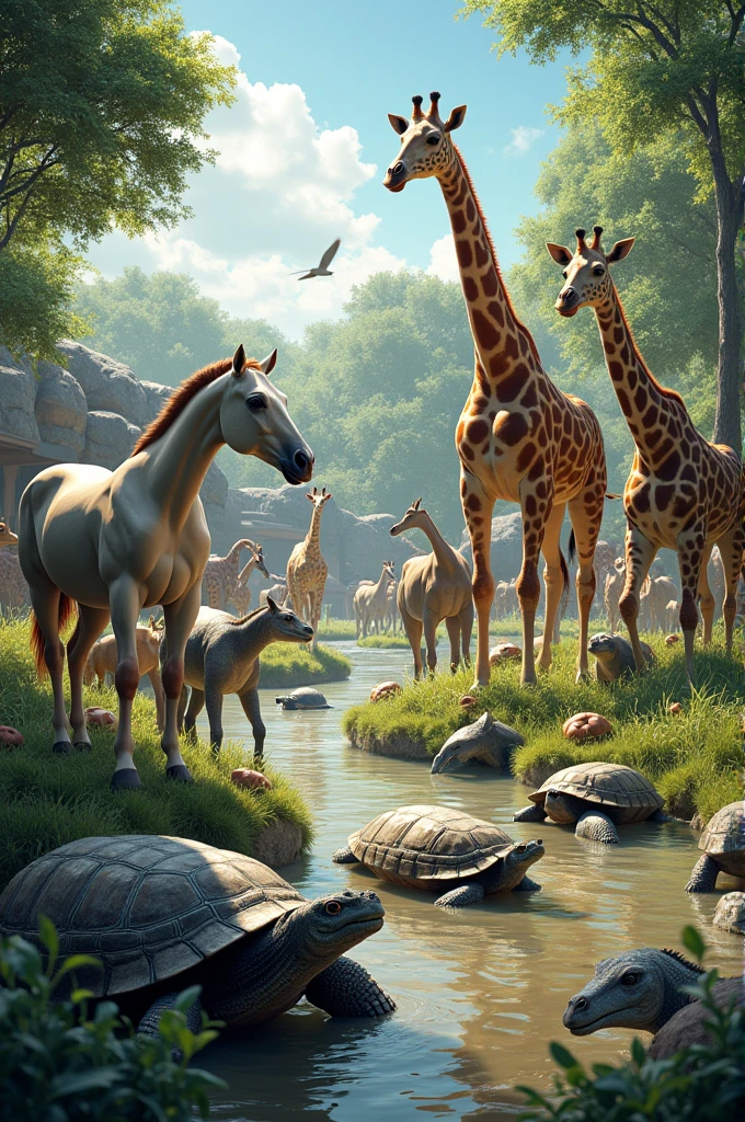 The zoo has horses, turtles, crocodiles and giraffes.
