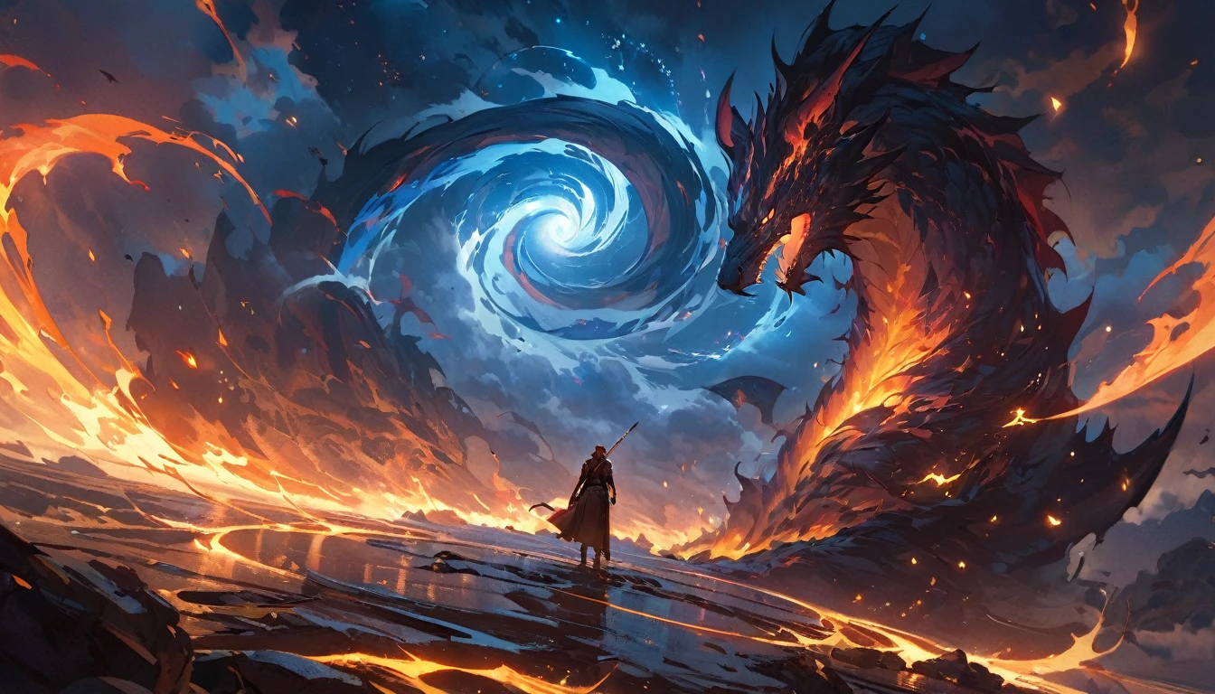 best quality,4k,8k,highres,masterpiece:1.2),ultra-detailed, (large masterpiece digital art), (detailed manga illustration), (detailed line art), cinematic lighting, (intricate details:1.3), (ultra-detailed:1.3), (illustration:1.3), (sharp focus:1.3), (natural lighting:1.05), (vivid colors:1.3), (masterpiece), (best quality:1.4), dynamic lighting, high quality, The Abyssal Skies, is a vast, celestial realm that merges aspects of infernal darkness and draconic grandeur. It is characterized by its awe-inspiring beauty and terrifying majesty, embodying the duality of creation and destruction. This domain is a place where celestial storms rage across an endless expanse of dark, swirling clouds and shimmering constellations, punctuated by flashes of fiery lightning and the roar of mythical creatures., cinematic lighting, dramatic atmosphere, Atey Ghailan, Jeremy Mann, Greg Manchess, Antonio Moro, trend in ArtStation, trend in CGSociety, Intricate, High Detail, Sharp focus, dramatic and photorealistic painting art by Midjourney and Greg Rutkowski, Jeff Bridges, ((cartoon style)), Marvel Cinematic Universe style,