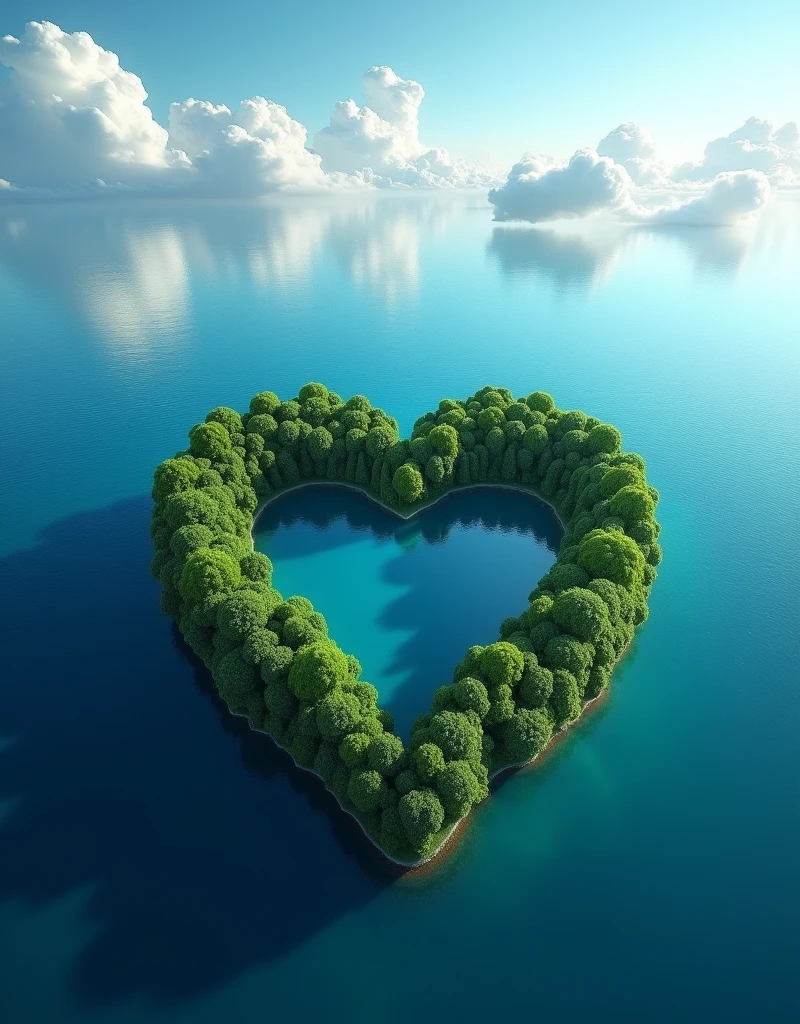 Masterpiece, best composition, dynamic composition, scene from above, islet in the sea, islet is densely wooded, heart shaped lake in the middle of islet, heart shaped clouds reflected in the lake, clouds floating in the sky, clouds shaped like a heart, blue sky, calm sea.