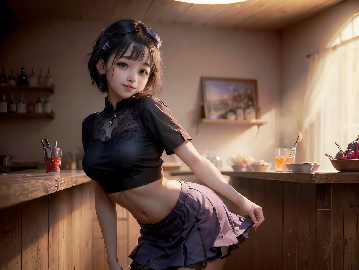 (Highest quality, masterpiece, Ultra-high resolution, 8k, RAW Photos, Realistic, Anatomically correct:1.5), 20-year-old girl:1.2, Embarrassing, avert your eyes, blush:1.0, View Viewer, ((bar)) 、Large windows、Night view、 Light:1.2, Bokeh, Cinema Lighting:1.0, Depth of written boundary, sharp、 Cute Face、Idol、(Black short sleeve lace top)、(Black tulle skirt)、(Purple clothes)、”dwarf”、(Full Body Shot)、(Side angle)、Cowboy Shot、( smile)、((Ultra short hair、Berry Short))、(Straight bangs)、((See-through))、(( One woman))、look back、I can see your belly button、