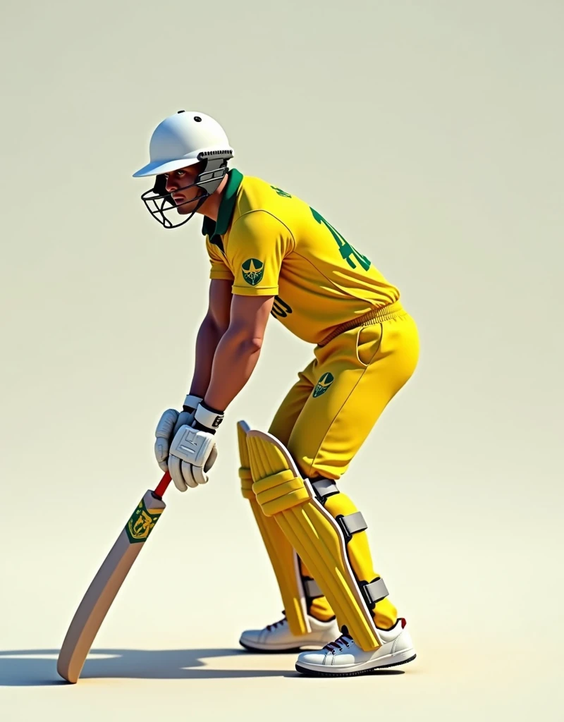 Give me a yellow jersey with AUS written on it. Wearing white sneakers. A cricket player with a helmet, leaning forward with both knees bent, holding a cricket bat horizontally with both hands placed 20 cm above the knees.,Showing the side profile of a cricket player,顶光drop shadow, anaglyph, stereogram, tachi-e, ass pov, atmospheric perspective, 8k, super detail, best quality