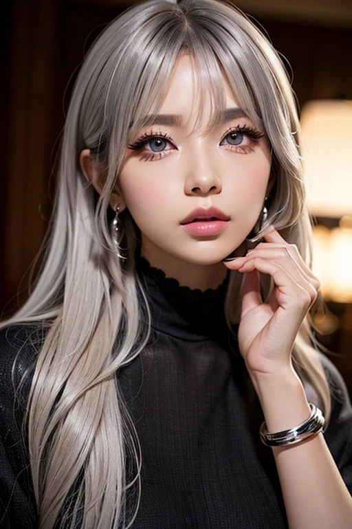 Black gal style woman、(Tan Skin:1.4)、Long silver hair、Big eyes with crispness、Matte base makeup、Heavy eye makeup、white highlight、Thick eyeliner、False eyelashes、Colored Contact Lenses、Sexy and edgy、Flashy accessories