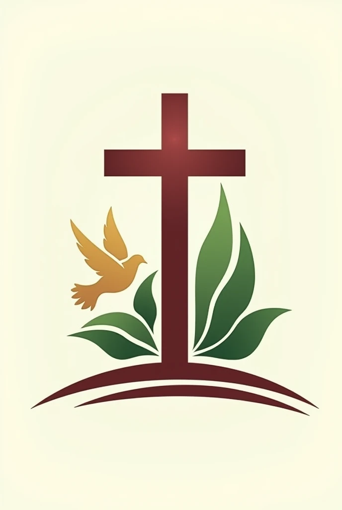 Church logo with cross in the front and church in the back and dove with leaves design and maroon and green color