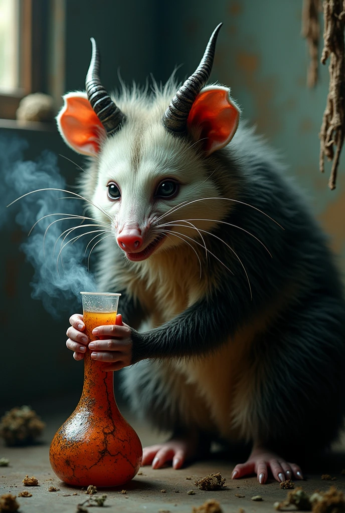 Opossum with devil horns smoking out of a bong