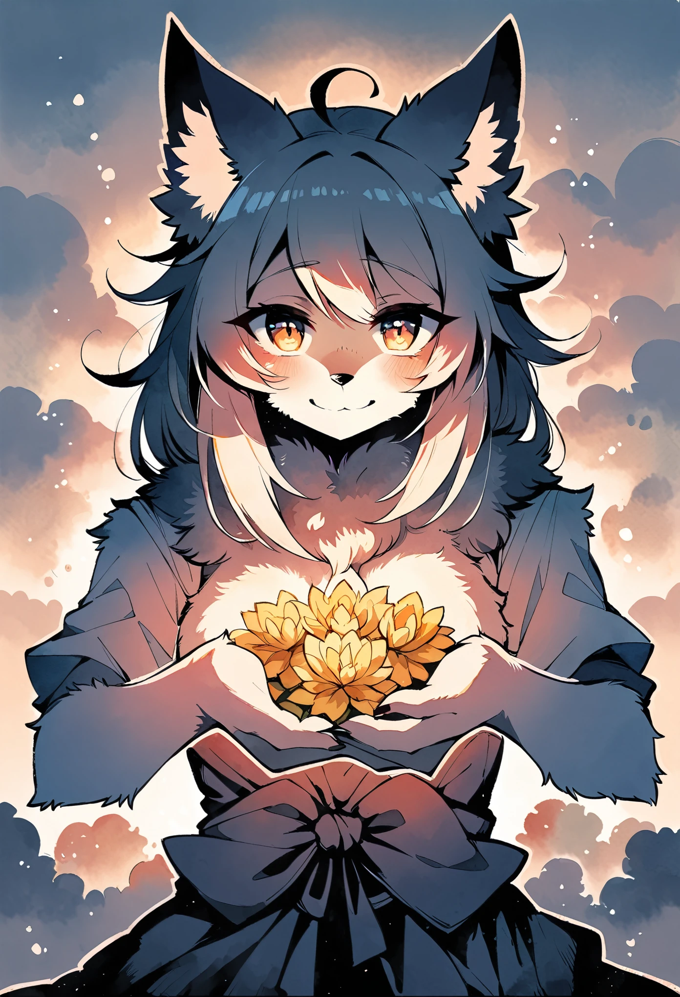 rating_safe, score_9, score_8_up, score_7_up, score_6_up, score_5_up, score_4_up, hires, source_furry, cover_page(furry art, uploaded on e621)monochrome, watercolor, 1girl, kemono, furry, detailed body fur, animal face, animal hand, Archaic Smile, holding a cluster of gold flower in both hands, which are positioned at chest level, She is wearing a simple ring on the ring finger of her left hand, unfocused spread of gold flower, fan-created work shared on platforms Pixiv or , Watercolor elements that seem to shift through time,