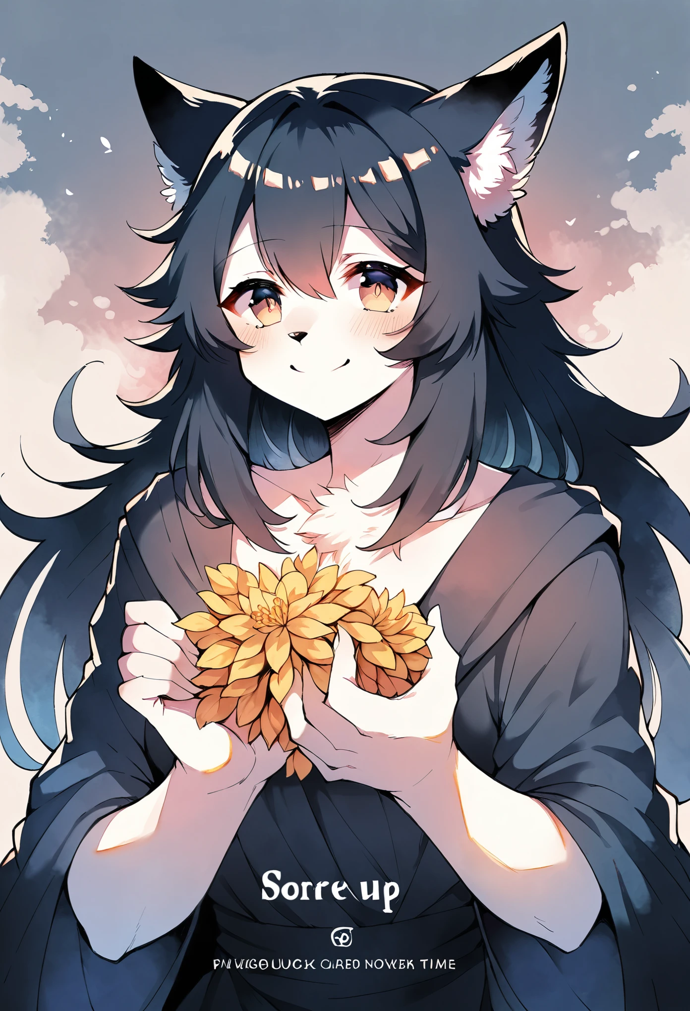 rating_safe, score_9, score_8_up, score_7_up, score_6_up, score_5_up, score_4_up, hires, source_furry, cover_page(furry art, uploaded on e621)monochrome, watercolor, 1girl, kemono, furry, detailed body fur, animal face, animal hand, Archaic Smile, holding a cluster of gold flower in both hands, which are positioned at chest level, She is wearing a simple ring on the ring finger of her left hand, unfocused spread of gold flower, fan-created work shared on platforms Pixiv or , Watercolor elements that seem to shift through time,