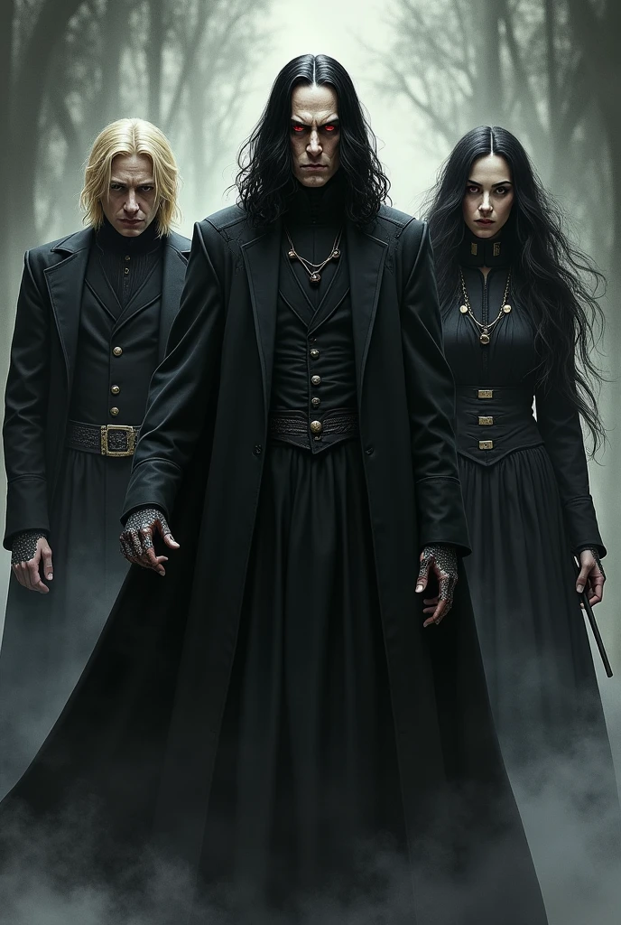 Give me sketch of snape and voldemort. Add lucius and bellatrix as well. Make Death eater theme