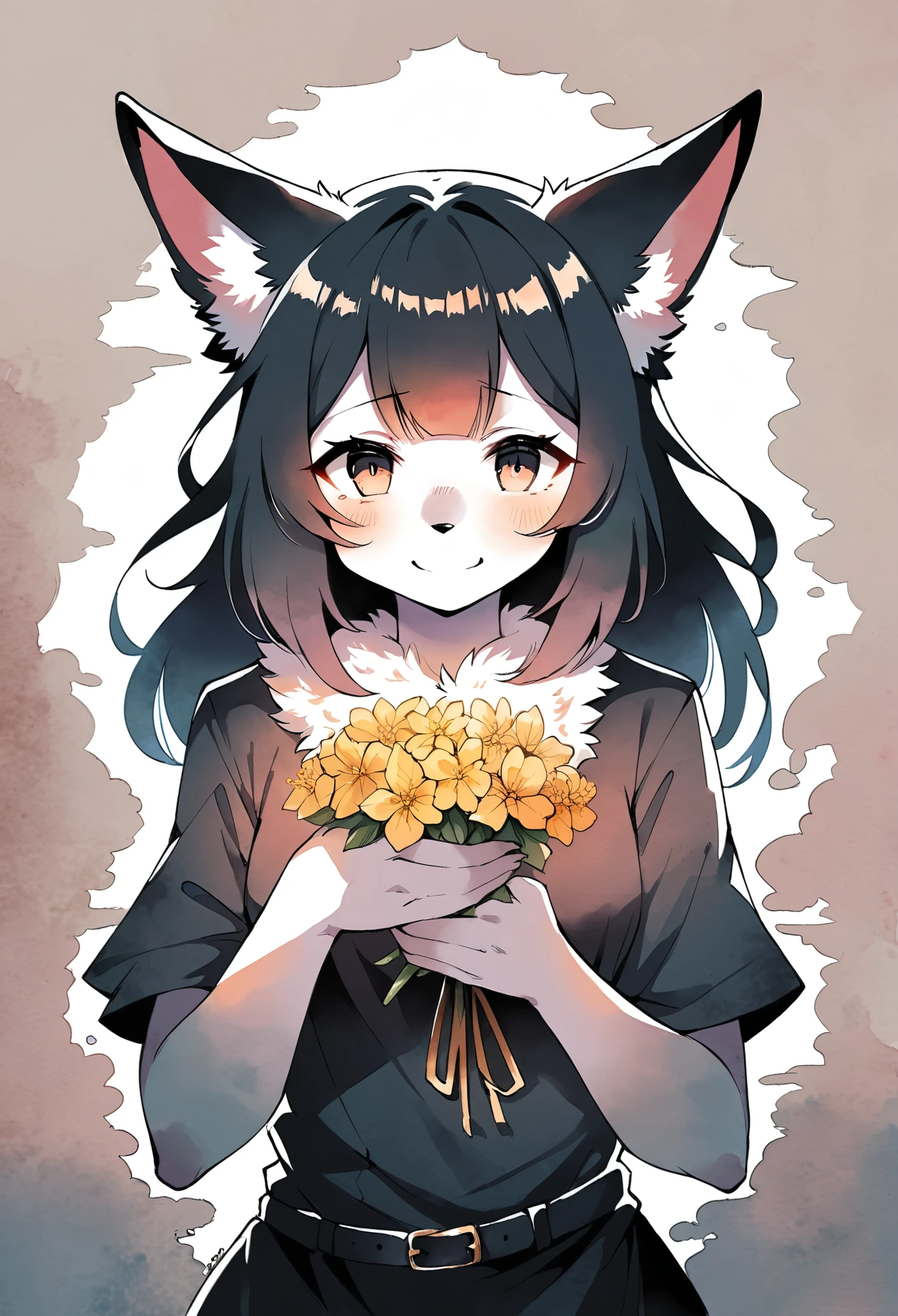 rating_safe, score_9, score_8_up, score_7_up, score_6_up, score_5_up, score_4_up, hires, source_furry, cover_page(furry art, uploaded on e621)monochrome, watercolor, 1girl, kemono, furry, detailed body fur, animal face, animal hand, Archaic Smile, holding a cluster of gold flower in both hands, which are positioned at chest level, She is wearing a simple ring on the ring finger of her left hand, unfocused spread of gold flower, fan-created work shared on platforms Pixiv or , Watercolor elements that seem to shift through time,