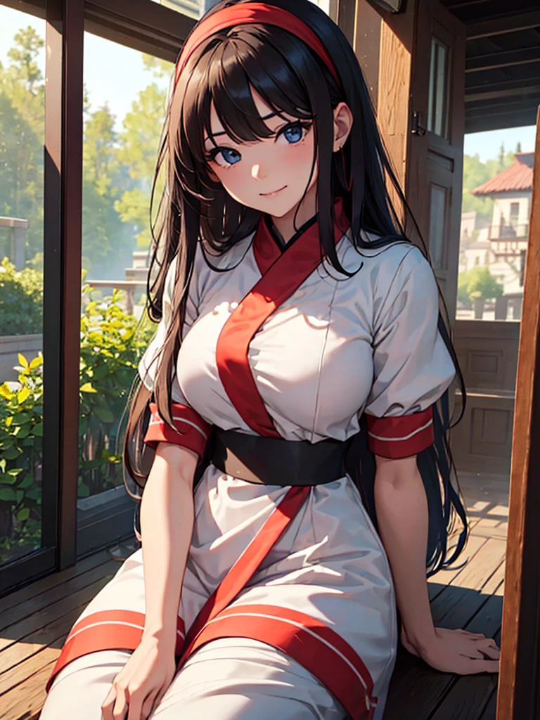 (masterpiece、top-quality、hight resolution、Unity 8k、extremely details CG:1,Best Picture), With a sly smile and sharp eyes, ‘You're really a virgin, aren't you?’ says the woman confidently. Her expression is a mixture of teasing and conviction, clearly seeing through the lie. Her body movements are relaxed, as if she is enjoying herself, leaning back a little, savouring the moment to uncover the truth. red ribbon, hair band