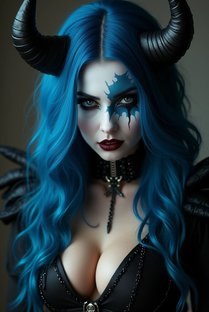 Woman with long wavy blue hair wearing blue and black clothing and black gloves looking sideways at the viewer, seductive Tifa Lockhart portrait, Female abuser, Angela White, , Tifa Lockhart, extremely sexy woman,Has long wavy blue hair, 2 b, 2b, portrait of Tifa Lockhart, Mid-chest devil suit, European and American women, The charming Tifa Lockhart, Horror scene pumpkin lantern.Half white face makeup eyes