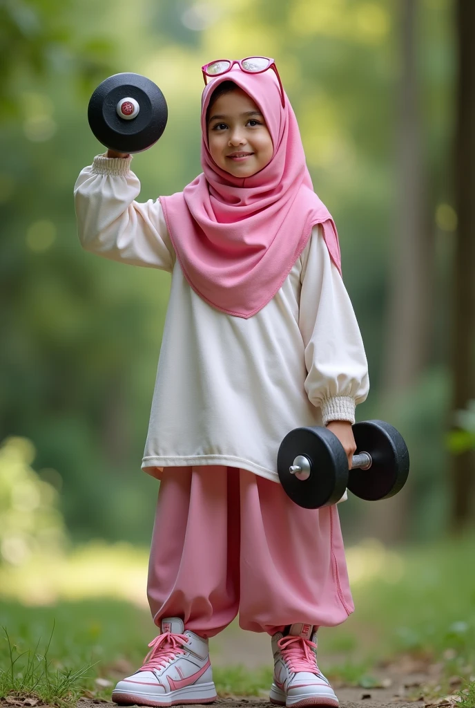 a realistic 1girl wearing a hijab, detailed beautiful face, Hijab Muslim. Wear pink white.small Safety Pink google spectacle top of the head. Age 15 year old. Jump on and have a super strong power. One hand lifting the 50kg dumbbell. Bokeh background. At the garden. Wear sneakers white boots, detailed lips, long eyelashes. Hero, modest expression, delicate facial features, natural skin tones, hijab covering head and neck, detailed folds and textures of hijab, natural lighting, high quality, photorealistic, 8k, best quality