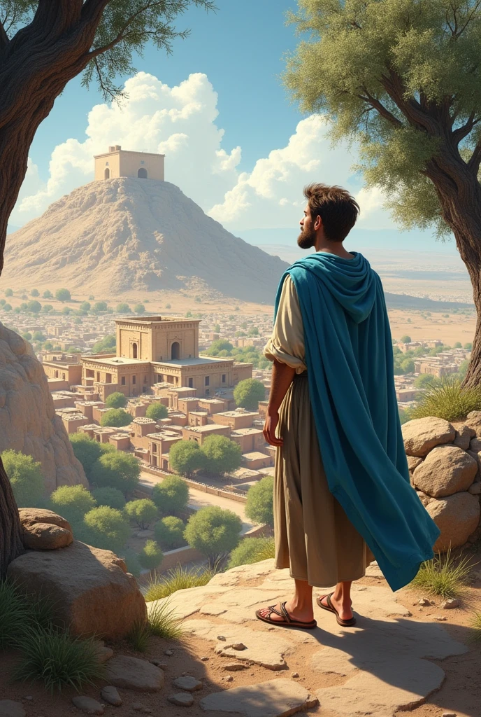 A 50-year-old man with fair skin and blue eyes, beard and brown hair, of 1.80 bone-colored tunic dress, short coffee skirt, sandals and sky blue cloak is on top of a mountain, surrounded by olive trees,  looks at a 1st century Jewish city from the side, whose houses are low, made of stone and a wooden roof and facing the mountain you can see a rectangular temple 