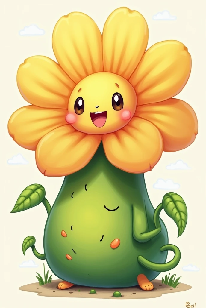 Green cartoon character, big head, cute, smiling until the face is blooming.