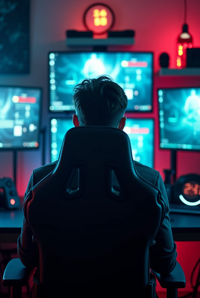 Epic realistic photography, of a 19-year-old boy sitting with his back turned, in a gaming chair in a gaming room with a computer and large screens and on the screens you can see the name GilbertoHack1, On the screen you see images of hackers In the name it is perfectly visible