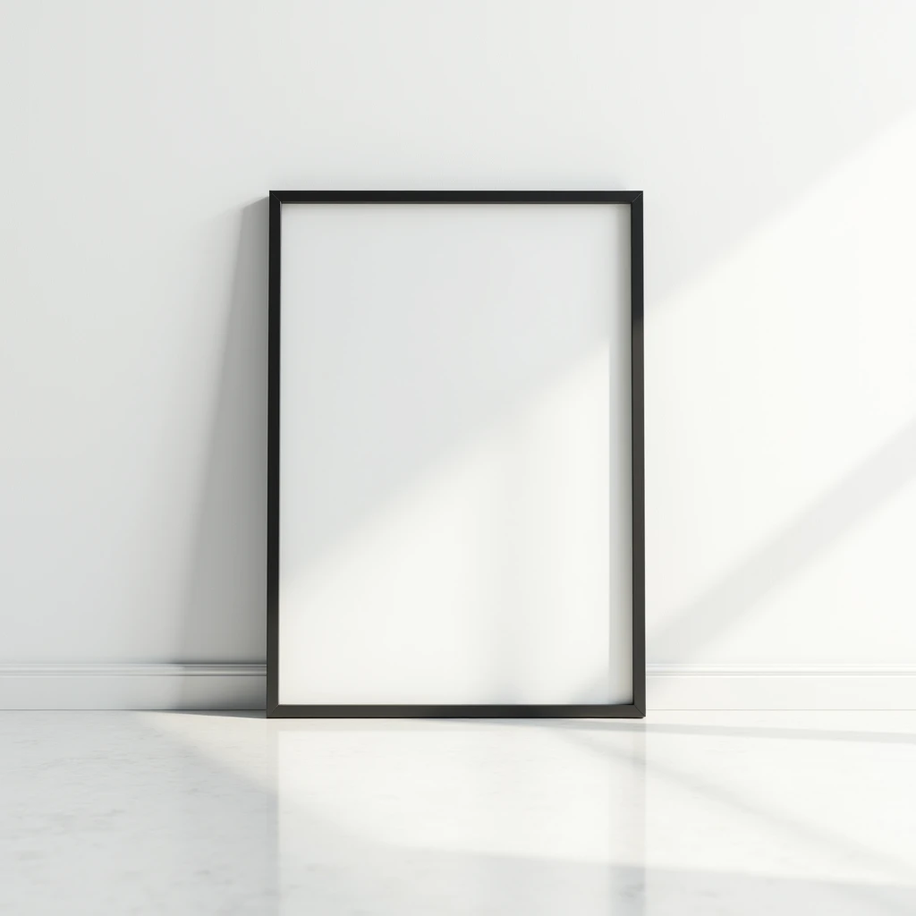 A sleek black DIN A ratio frame against a solid white wall, bathed in soft natural light. The background is completely empty, ensuring the framed artwork is the central focus