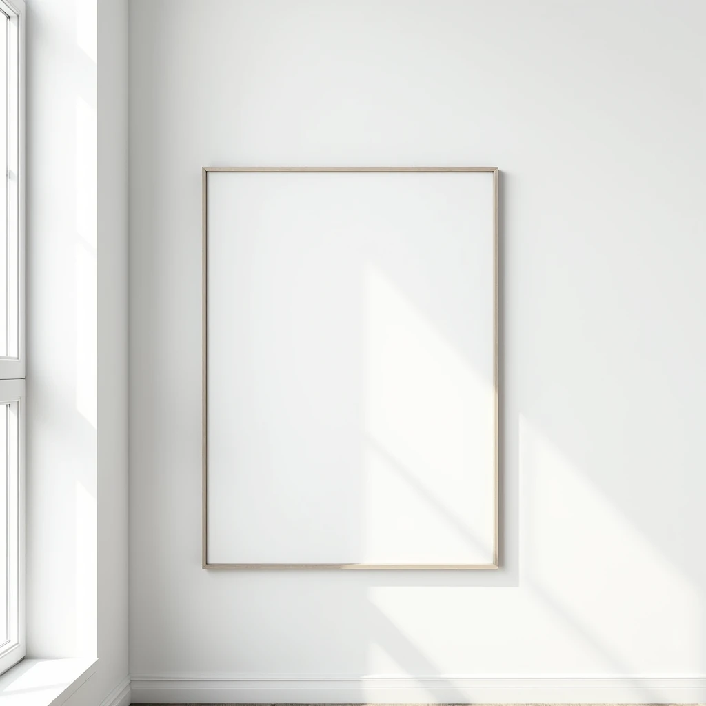 A sleek black DIN A ratio frame against a solid white wall, bathed in soft natural light. The background is completely empty, ensuring the framed artwork is the central focus