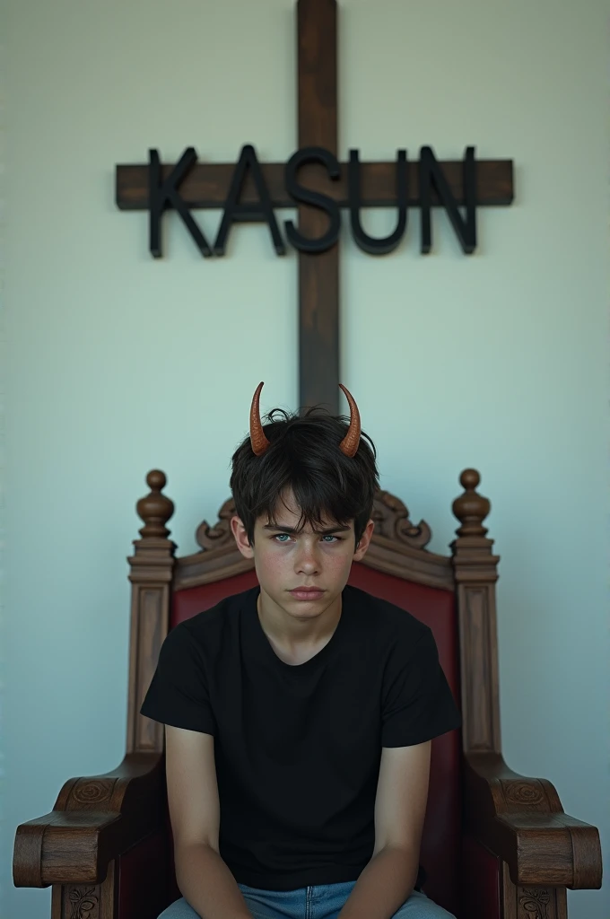 A 16-year-old boy in a black t-shirt sits on a king's chair and watches a video. On the white wall behind him, a cross turned the other way and under the cross, "KASUN" was written in three dimensions on the wall. The baby also has a pair of horns and should appear from a 3D angle