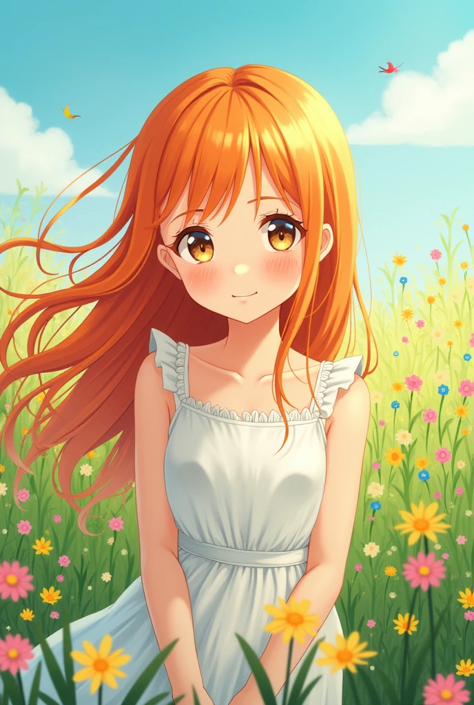a girl with long orange hair down to the middle of her back and a gentle, cute face. She is standing in a flower field. she is an anime character