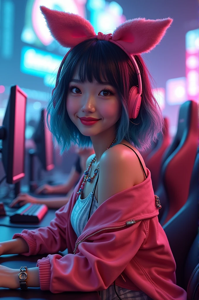 A beautiful girl wearing harajuku style clothes, is at the biggest gaming championship, looks happy and full of enthusiasm, relaxed,