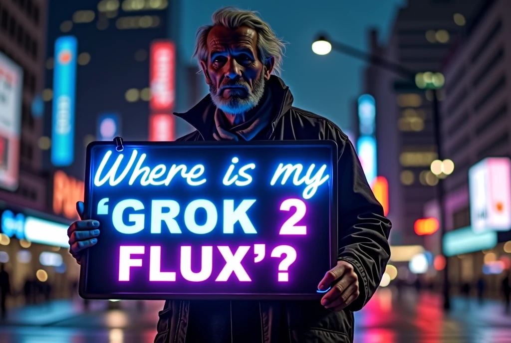 hyperrealistic lifelike photo of a homeless man wearing an elaborate outfit, holding a big blue and purple neon sign that says "Where is my "GROK 2 FLUX"?" He's' standing in front of an extremely detailed city background in the style of Roger Deakins, at night.
