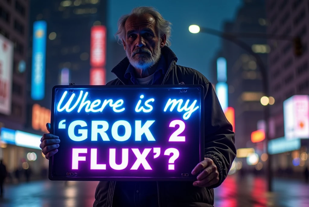 hyperrealistic lifelike photo of a homeless man wearing an elaborate outfit, holding a big blue and purple neon sign that says "Where is my "GROK 2 FLUX"?" He's' standing in front of an extremely detailed city background in the style of Roger Deakins, at night.