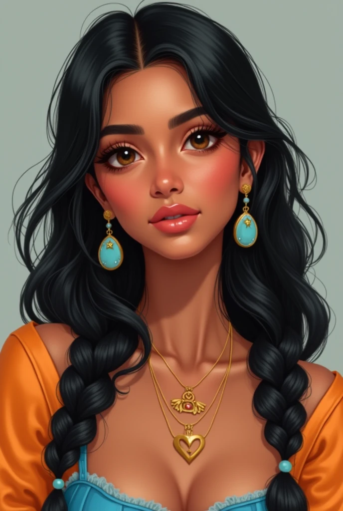 1girl, orange sleeves, white hair, white skin, light blue hair ornament, blue suspenders, blue clothes, light blue eyes, bare feet, double braids beautiful 26-year-old Indian woman with a fair complexion and a warm undertone, almond-shaped dark brown eyes, long lashes, a straight nose, full lips with a natural rosy tint, and long, jet-black hair styled in soft waves. The face should remain identical across all images.