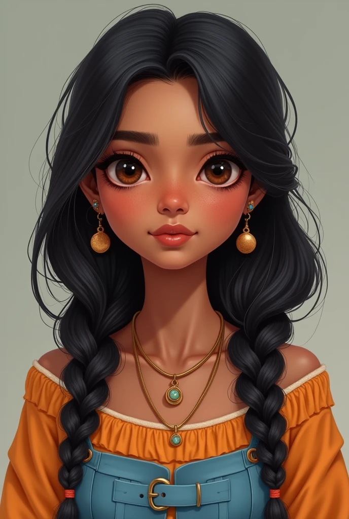 1girl, orange sleeves, white hair, white skin, light blue hair ornament, blue suspenders, blue clothes, light blue eyes, bare feet, double braids beautiful 26-year-old Indian woman with a fair complexion and a warm undertone, almond-shaped dark brown eyes, long lashes, a straight nose, full lips with a natural rosy tint, and long, jet-black hair styled in soft waves. The face should remain identical across all images.