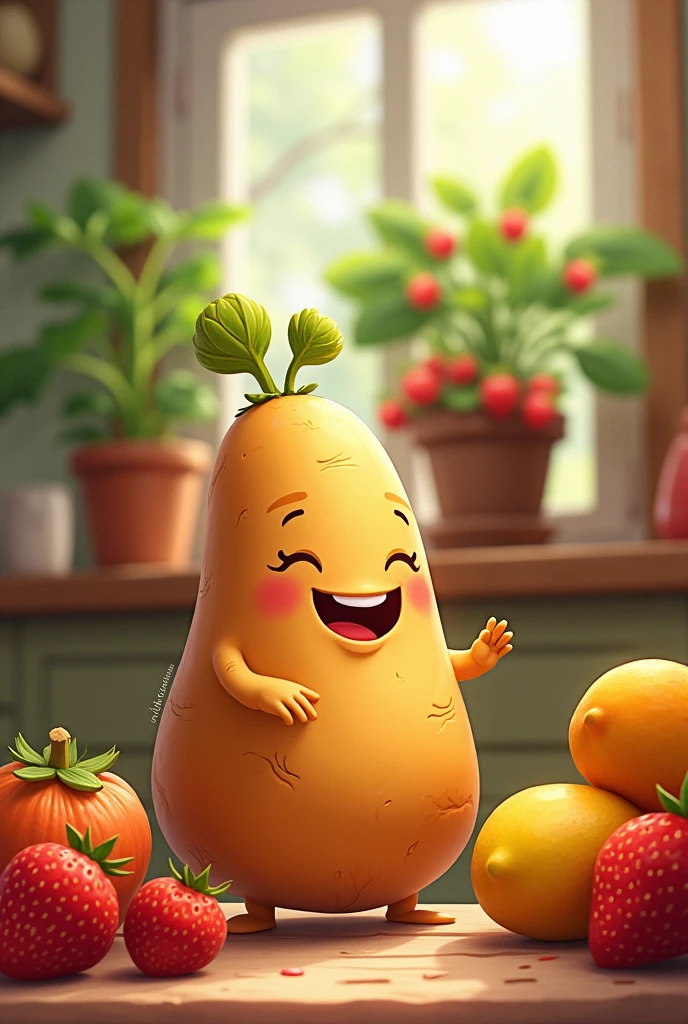 Generate an image of a cute yam with brown skin happily talking to other vegetables in the background of a kitchen with strawberry and mango pots