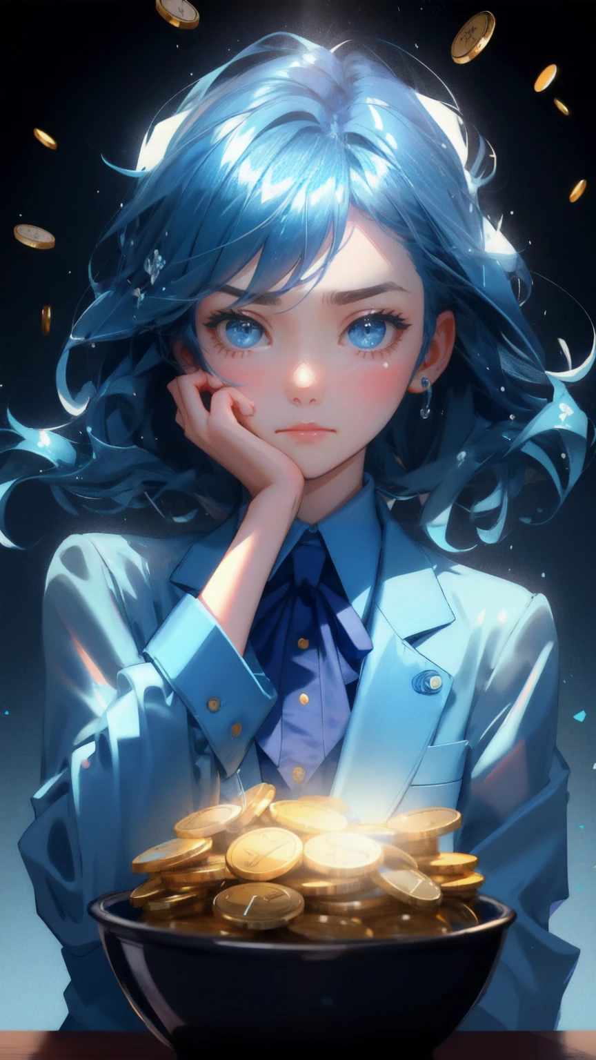 Generate an image featuring a cute girl in a blue business suit, sitting at a kitchen table with a panicked expression, holding her head with both hands. The table is covered with splashing water and scattered Bitcoin coins, emphasizing the chaos around her. The kitchen background should be modern and sleek, with a blue-themed color scheme. Floating above her head is the phrase 'Weak Hands Shakeout,' symbolizing the stress of a market downturn, while her teary eyes and exaggerated frown express frustration and anxiety.