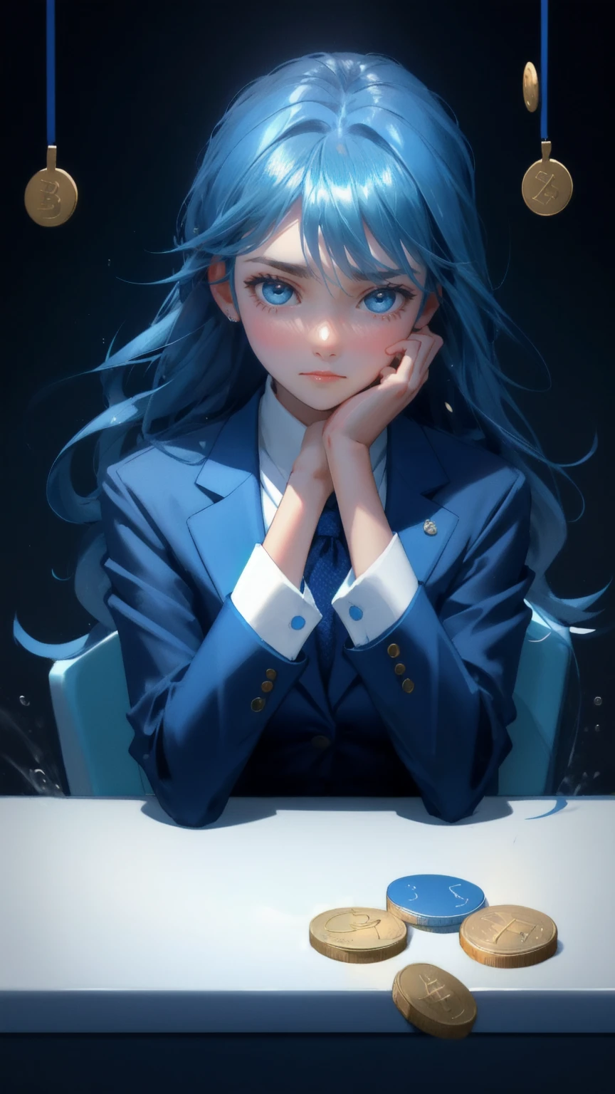 Generate an image featuring a cute girl in a blue business suit, sitting at a kitchen table with a panicked expression, holding her head with both hands. The table is covered with splashing water and scattered Bitcoin coins, emphasizing the chaos around her. The kitchen background should be modern and sleek, with a blue-themed color scheme. Floating above her head is the phrase 'Weak Hands Shakeout,' symbolizing the stress of a market downturn, while her teary eyes and exaggerated frown express frustration and anxiety.