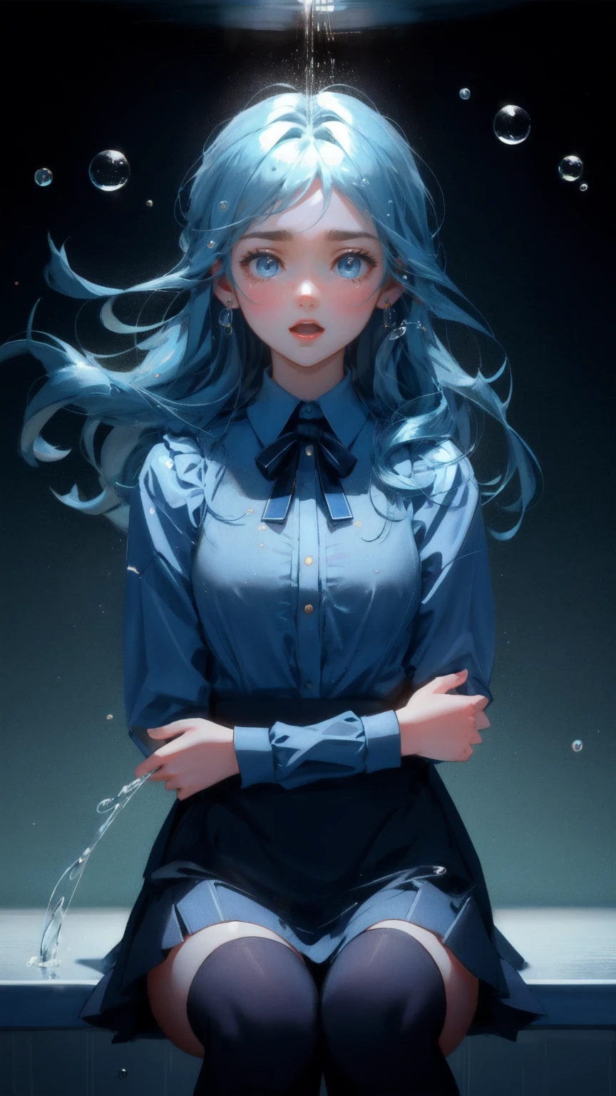 Design an image of a cute girl in a business outfit, sitting at a kitchen table with a distressed expression. She is surrounded by flying Bitcoin coins and droplets of water splashing from the table. The background is a contemporary kitchen with a blue color theme. The phrase 'Weak Hands Shakeout' is prominently displayed above her, capturing the tension of the moment. Her wide, teary eyes and open mouth convey a sense of shock and overwhelm as she processes the chaos surrounding her