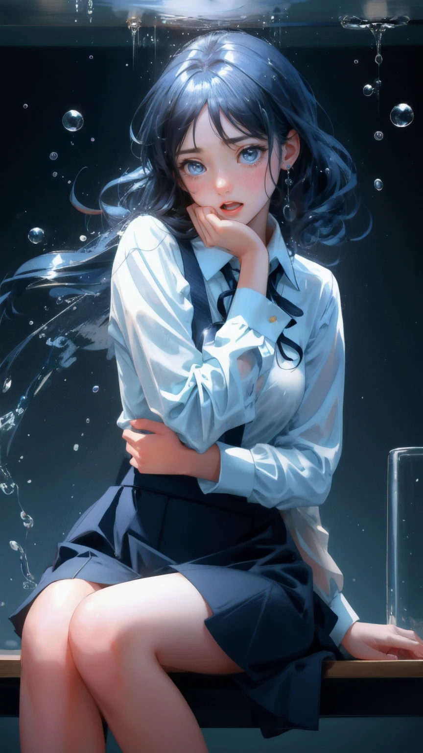 Design an image of a cute girl in a business outfit, sitting at a kitchen table with a distressed expression. She is surrounded by flying Bitcoin coins and droplets of water splashing from the table. The background is a contemporary kitchen with a blue color theme. The phrase 'Weak Hands Shakeout' is prominently displayed above her, capturing the tension of the moment. Her wide, teary eyes and open mouth convey a sense of shock and overwhelm as she processes the chaos surrounding her