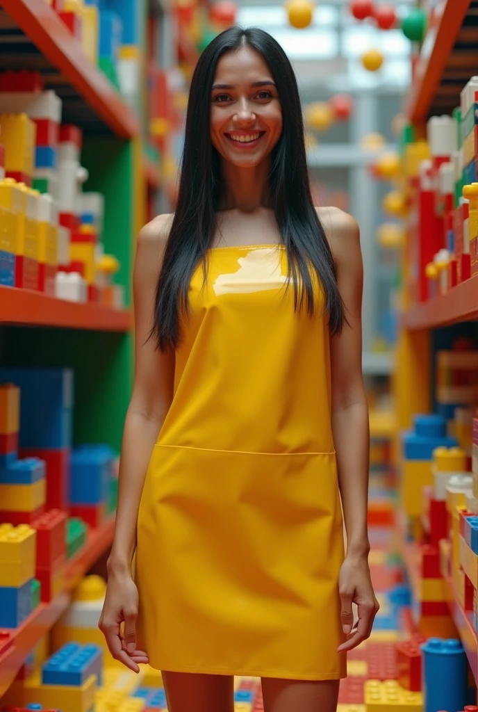 Real and natural photo.   Happy and happy Italian girl Beautiful 26-year-old,  black hair , straight and tall, only a shiny yellow apron, wearing nothing underneath.   In the middle of the legos in the suspended space.  Excellent quality, high detail.      8k footage, dutch shot, low angle.   This photo of god view is detailed photo, beautiful Italian woman, prominent breast, clear breast curve.    Lego around him in the background and in the foreground in lego anklets, lego, and lego, he poses in lego as she laughs. 
    (masterpiece, award-winning work of art)
    high detail, lego, full of details, iso 400. دیافراگم ۱.۸. سرعت شاتر ۱۰
