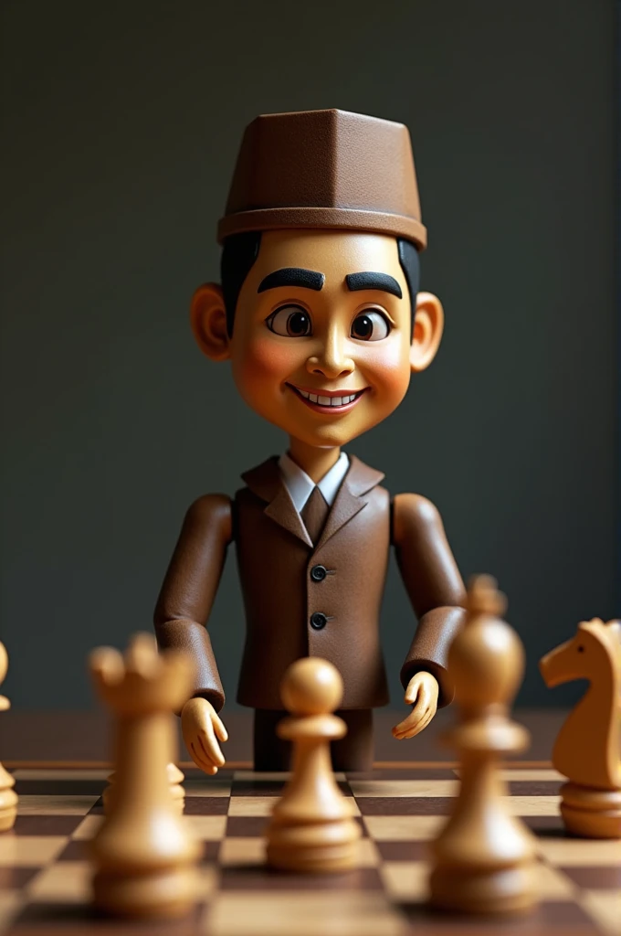 a wooden doll who is president of Indonesia "Joko widodo" wear Indonesian songkok, is playing chess lifting a chess piece and sly smile