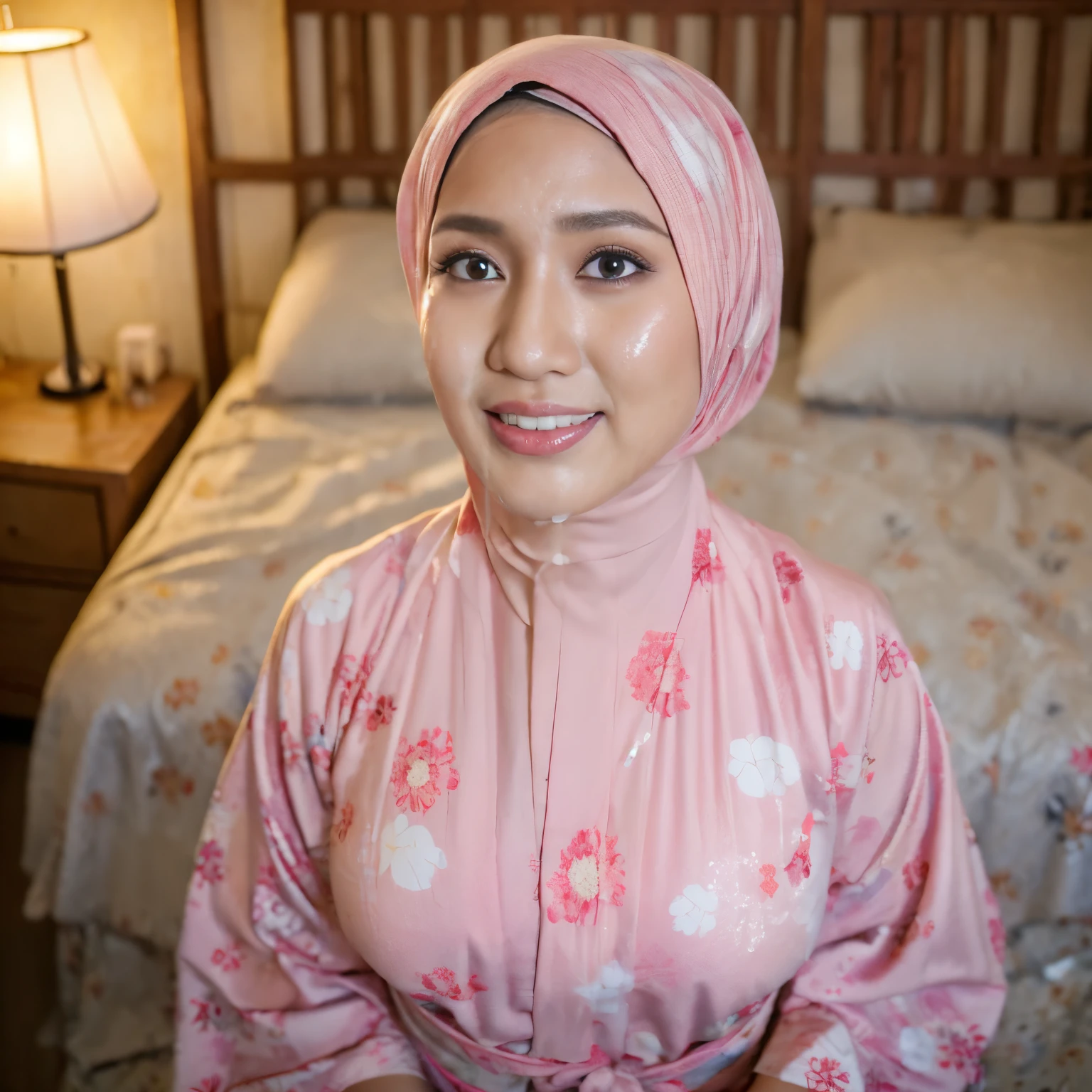 5, Professional Geisha, ((Hijab Indonesian Mature woman)), Sugar Mama, Big , Tight Yukata, (Open-Up Yukata), Chubby body, Squeezing , at Messy Bedroom, Bright light, at Daytime, (a lot of sperm Liquid cover her whole face).