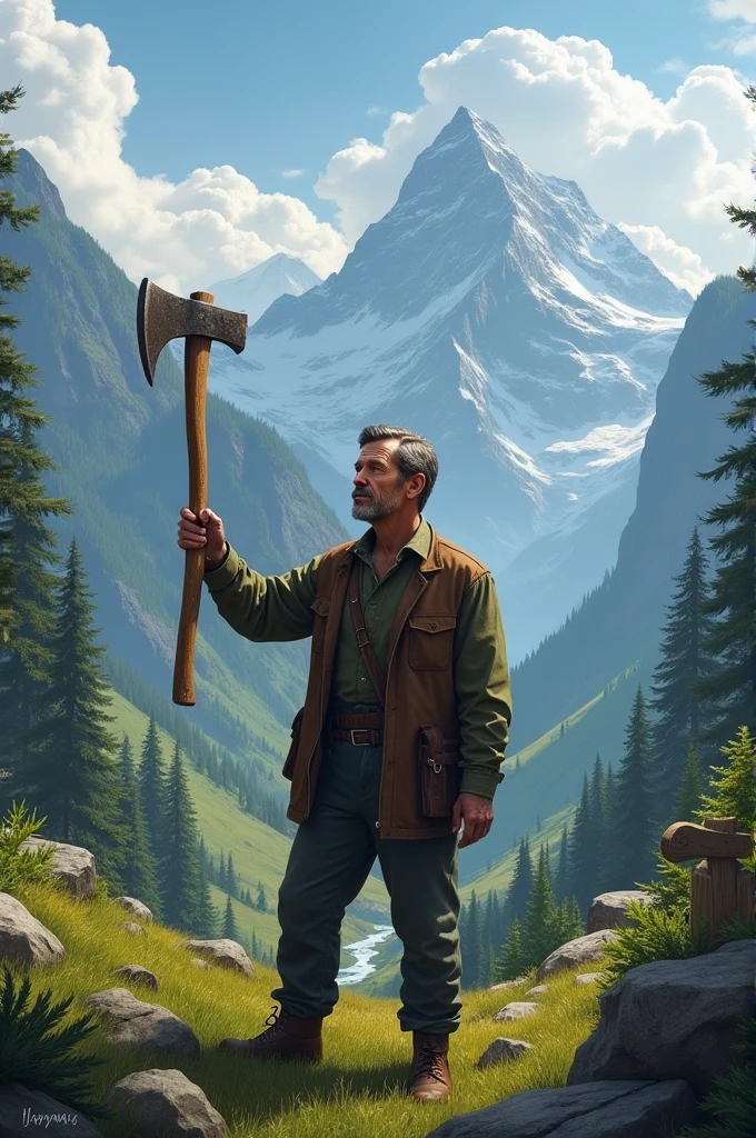 The 35 yrs old president looking toward the beautiful mountain and valley holding up his old axe