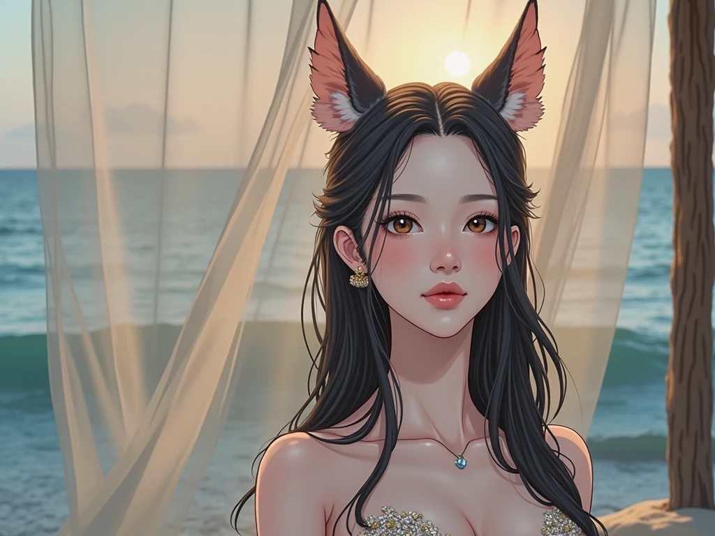 Create anime character from photo, beautiful woman with long black hair, big brown eyes, charming pose, elegant dress with embroidery, setting beach sea, sunset time.