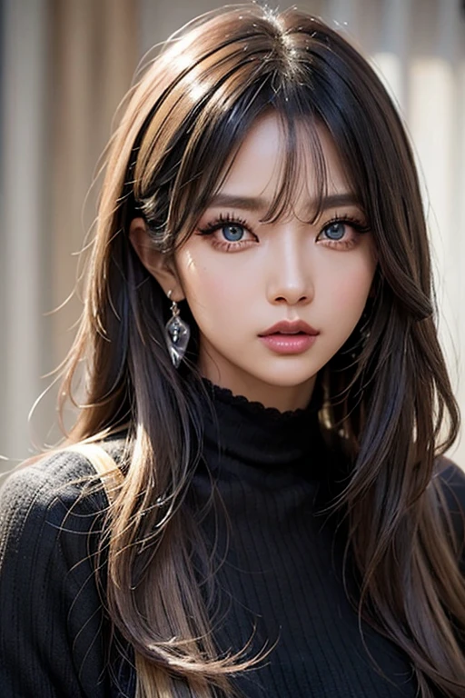 Black gal style woman、(Tan Skin:1.4)、Long silver hair、Big eyes with crispness、Matte base makeup、Heavy eye makeup、white highlight、Thick eyeliner、False eyelashes、Colored Contact Lenses、Sexy and edgy、Flashy accessories