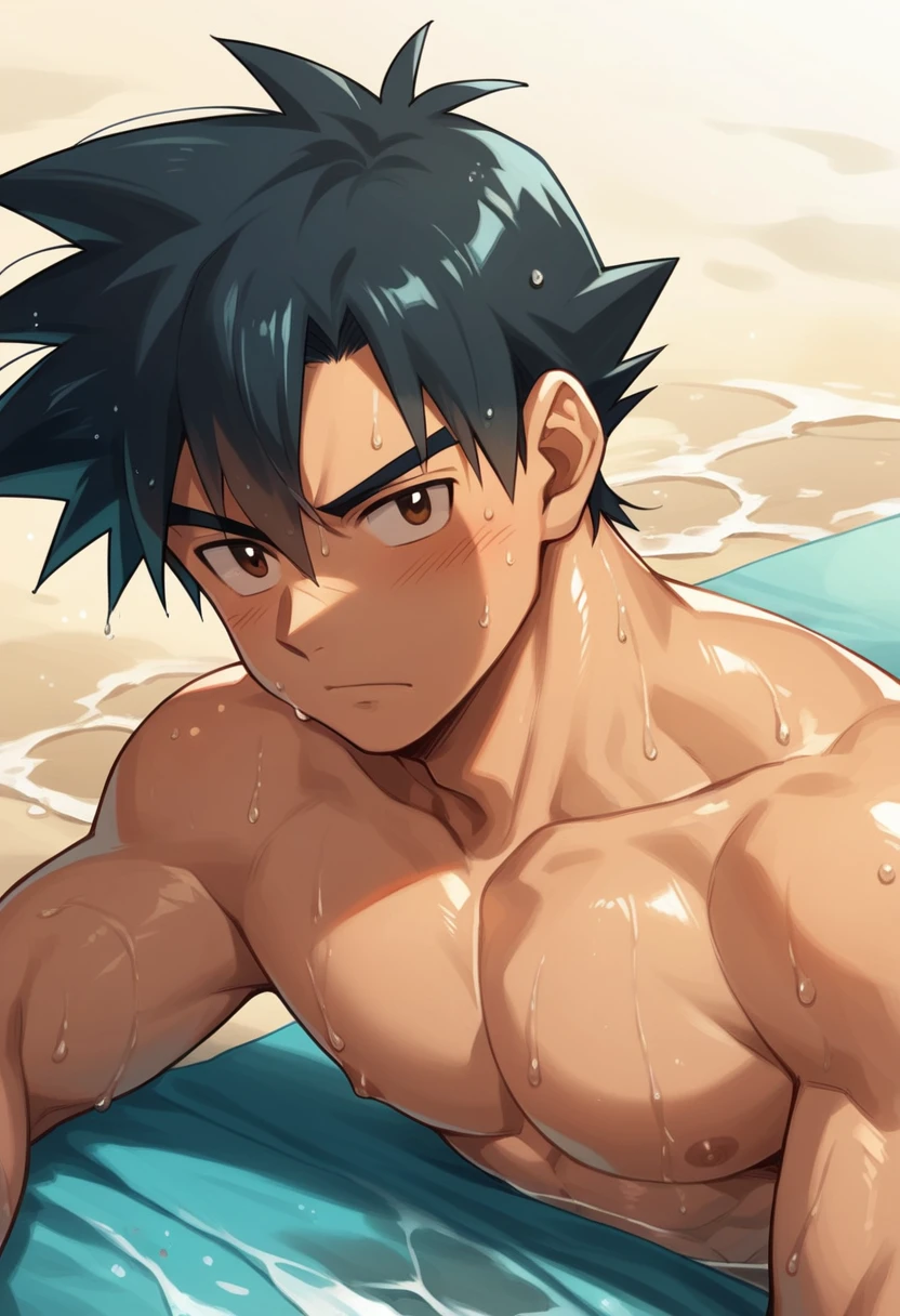 1boy, 1solo, ash ketchum, black hair, brown eyes, hair between eyes, ash ketchum, on beach, shirtless, male swimwear, wet hair, wet skin, sweat skin, handsome boy, macho, good looking boy, striking a pose