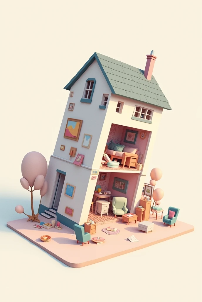 Vector axonometric image of a house in pastel colors. House with renovation and furniture,turned on its side ,all the furniture falls out of it,books ,paintings ,there remains parquet on the floor and wallpaper on the walls