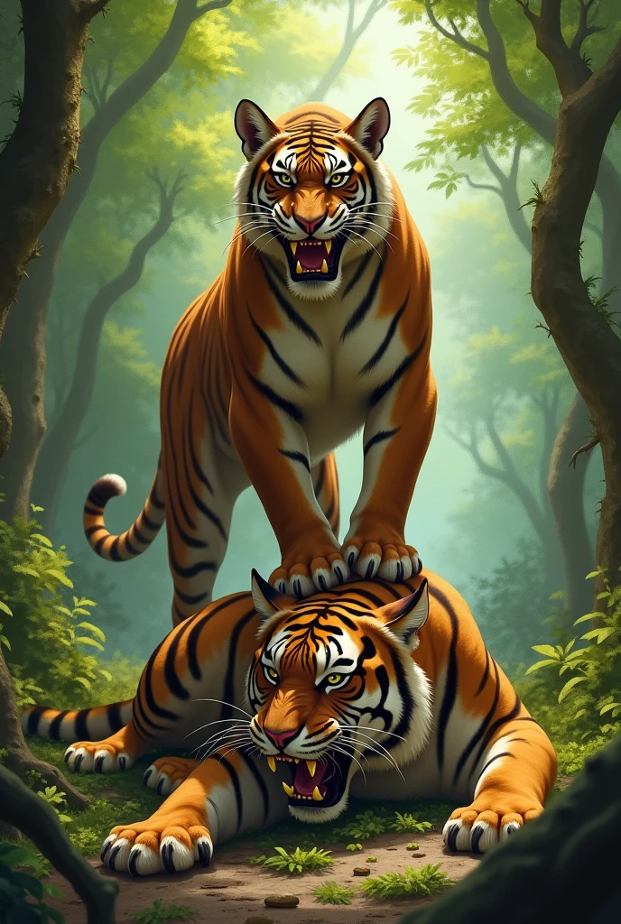 Puma standing on a dead tiger that it fought in a green forest
