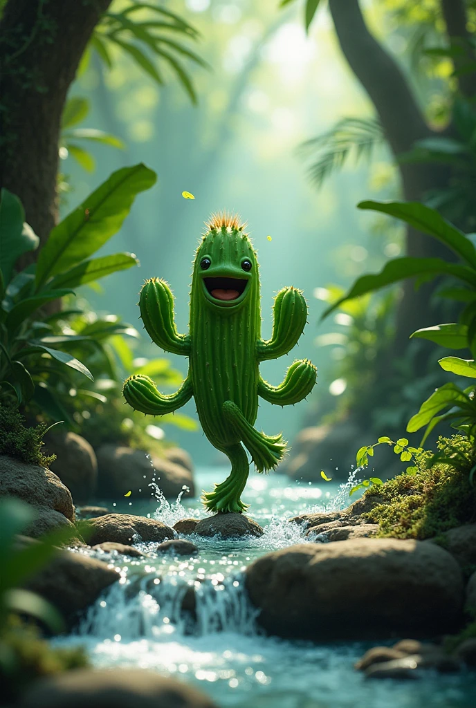 A small figure made of a green cactus leaf is dancing in the jungle like a mad woman, a stream of water is flowing in all directions