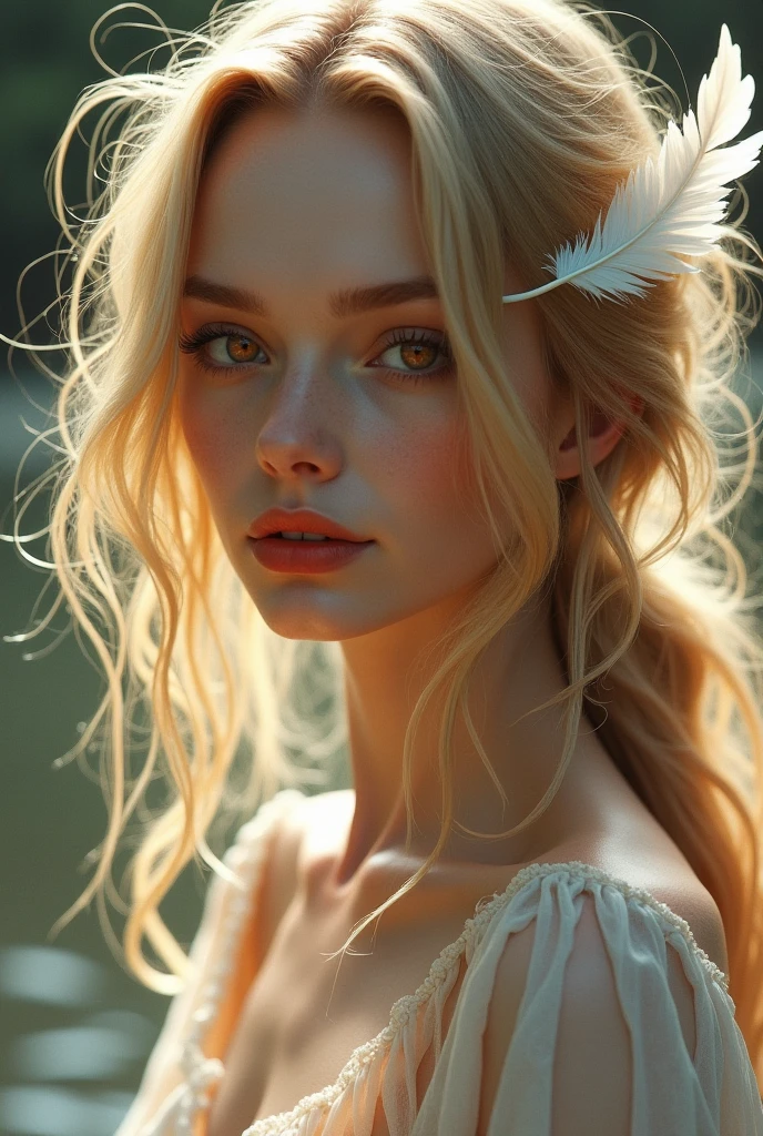 A girl ..fair complexion blond hair reddisheyes beautiful lips sharp nose,tall, slim, having feather