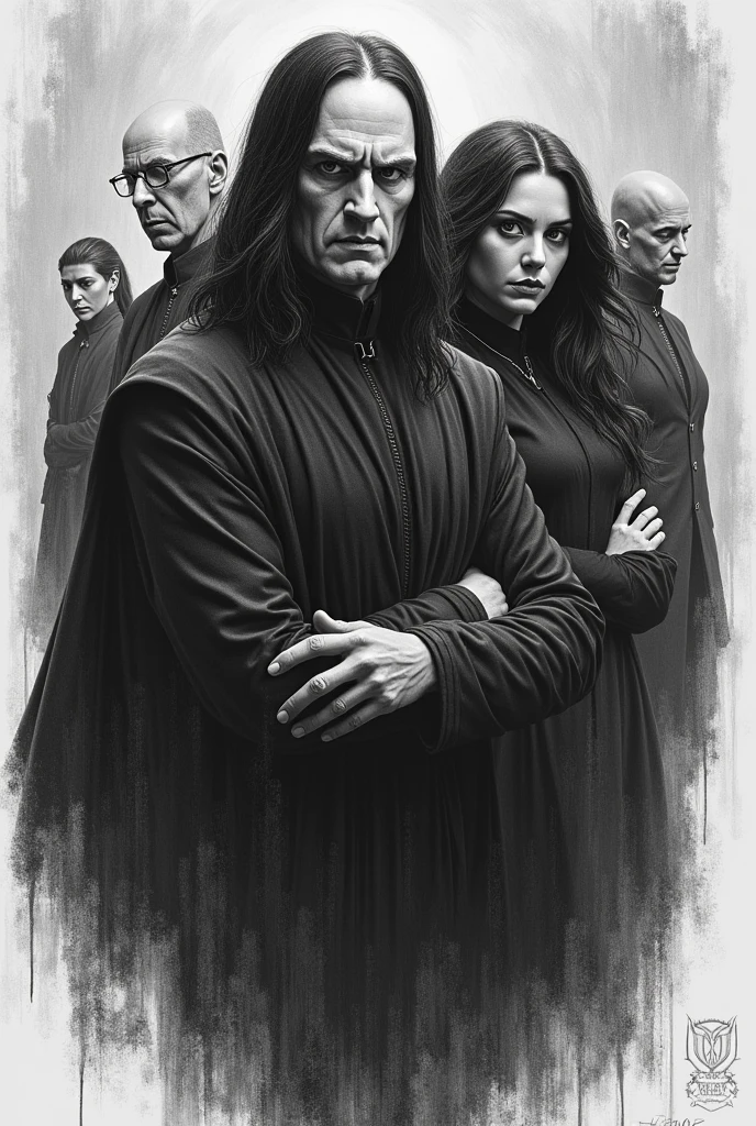Give me pencil sketch of movie harry potter, draw snape and voldemort, lucius and bellatrix. Make Death eater theme