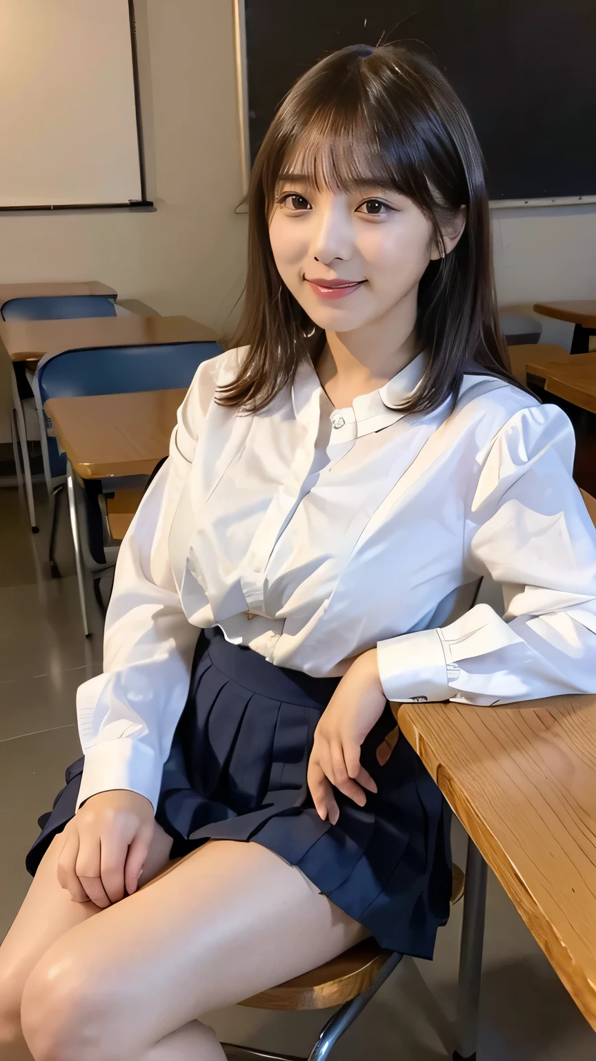 (8k、RAW Photos、Highest quality、masterpiece:1.2)、(Realistic、Realistic)、1 person、((High School Uniform:1.6、White blouse、Navy blue pleated skirt))、Short Bob、View from the front、smile、Looking into the camera 、smile))、cute、Large Breasts、Cleavage、classroom、Sitting in a chair、Crossing your legs