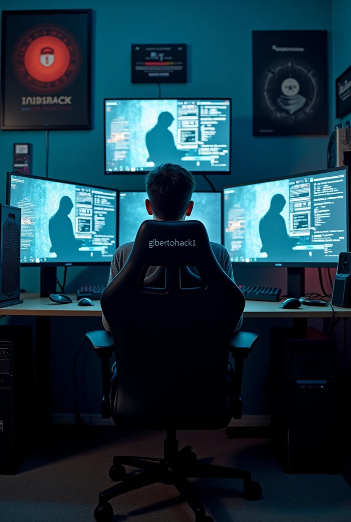 Epic realistic photography, of a 19-year-old boy sitting with his back turned, in a gaming chair in a gaming room with a computer and large screens and on the screens you can see the name GilbertoHack1, On the screen you see images of hackers In the name it is perfectly visible 