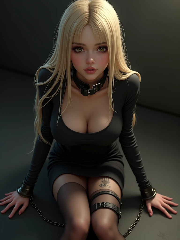 black pencil skirt, black long sleeve top, only the navel,Put your hands behind your back,restraints, blonde hair, Very long hair, straight hair, Cute, slender body, thin legs, Black thigh high stockings, Nylon stockings, hands in black leather handcuffs, hands, connected in a chain, amrs togather, masochistic, whole body, on the knees, leather handcuffs, calf tattoo, large collar around the neck, 18 years, long eyelashes, mascara, cute face, bent over, top down bottom up, arms behind back, kneeling, submissive look, lying on table, on stomach