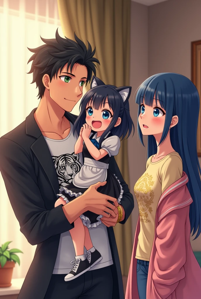 A 2 anime fantasy handsome guy with flashy green eyes , a black fit coat with and a white t-shirt with a picture of black tiger in the middle of that . black neat hair and a soft kindly smile on his face , a strong body as a sign of exerciser being , lifted up and spine around an innocent 4-year-old fantasy anime girl with big and blue eyes that twinkle in the room light, playfully and softly chuckles with blushed cheeks, while she is suspended in his arms , Her arms are slightly opened as a sign of joy , her white and black and blue baby maid outfit with unreal cat ears and two blue bow ties on her head, fairly long straight black hair, in the middle of the living room , and in a moment , An 25-year-old fantasy anime gangster strong girl with shiny blue eyes, an enjoyable look and a soft smile on her face while chuckle , a kind and affectional look, blushed cheeks, a light yellow t-shirt with a fantasy princess in flower view in the middle, and a pink jacket with white lines on it. White and black sports shoes and golden bracelet with golden flower design, a sky blue jean , long straight blue hair , in the middle of the living room , looking to that guy and girl